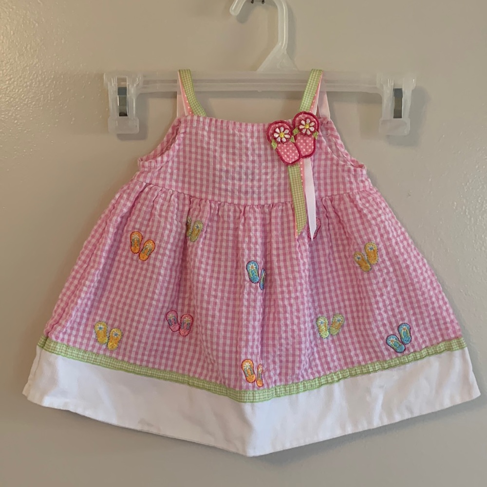 $10, 3/$20, Pretty newborn girls dress with embroidered sandals, size 6-9 months